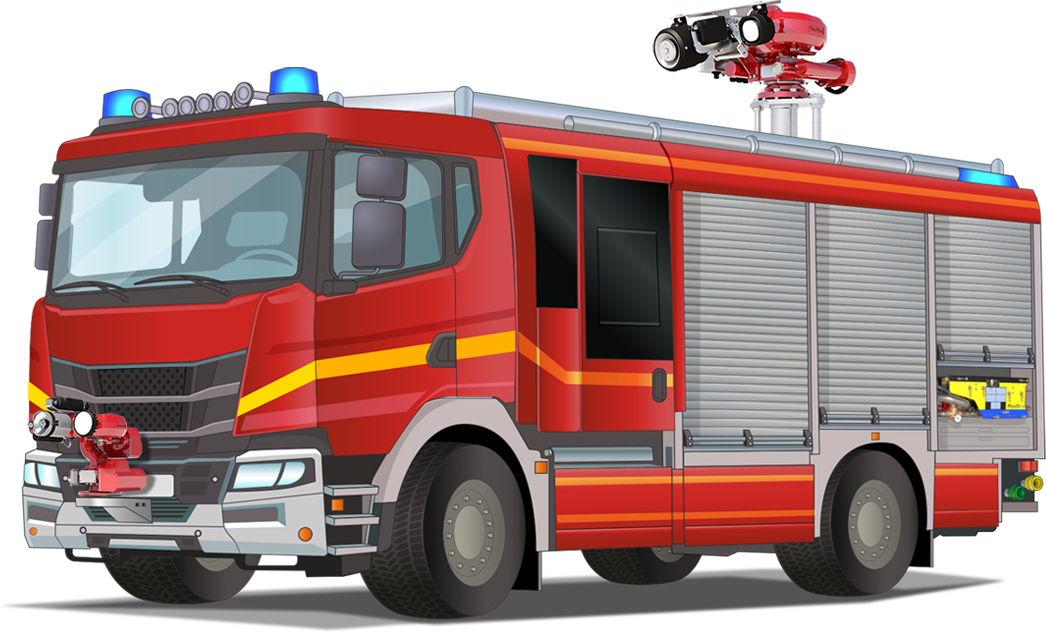 FireDos fire truck with two fire-fighting monitors, integrated proportioning system, portable proportioner and monitor control system